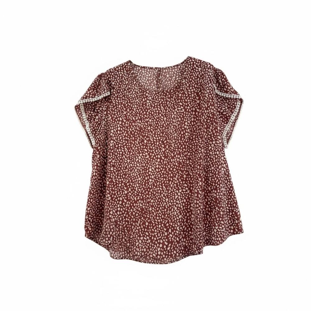 Mauve Blouse Pink Dot Print Flutter Sleeve Plus Size 4X Crochet Trim Top NEW